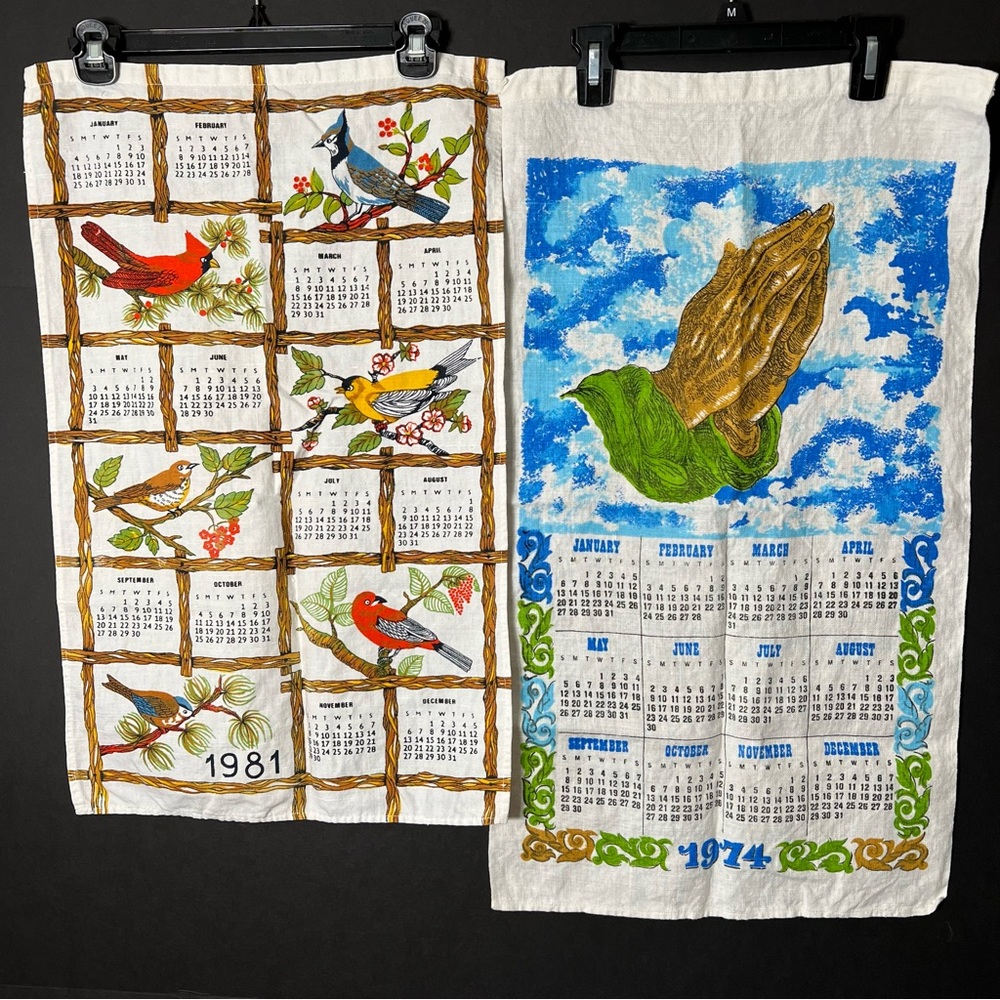 VTG Linen Calendar Wall Hanging Tea Towel 1974 and 1981 CottageCore Arts & Craft